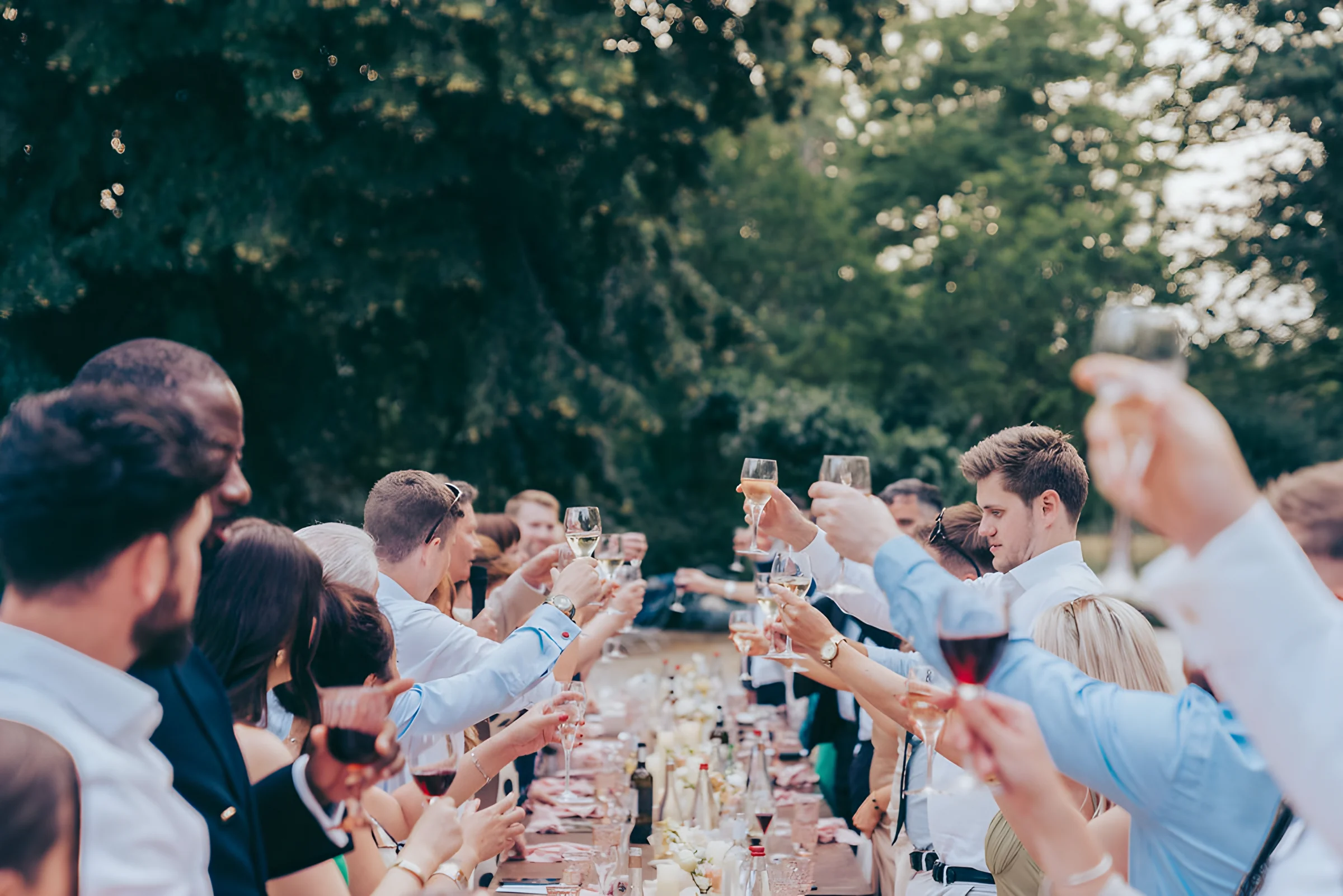 Guests raising their glasses along a long table in the park