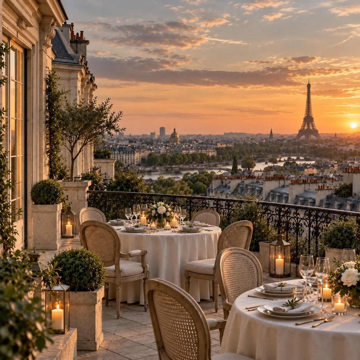 A table set for dinner on a Paris rooftop, the Eiffel Tower at sunset